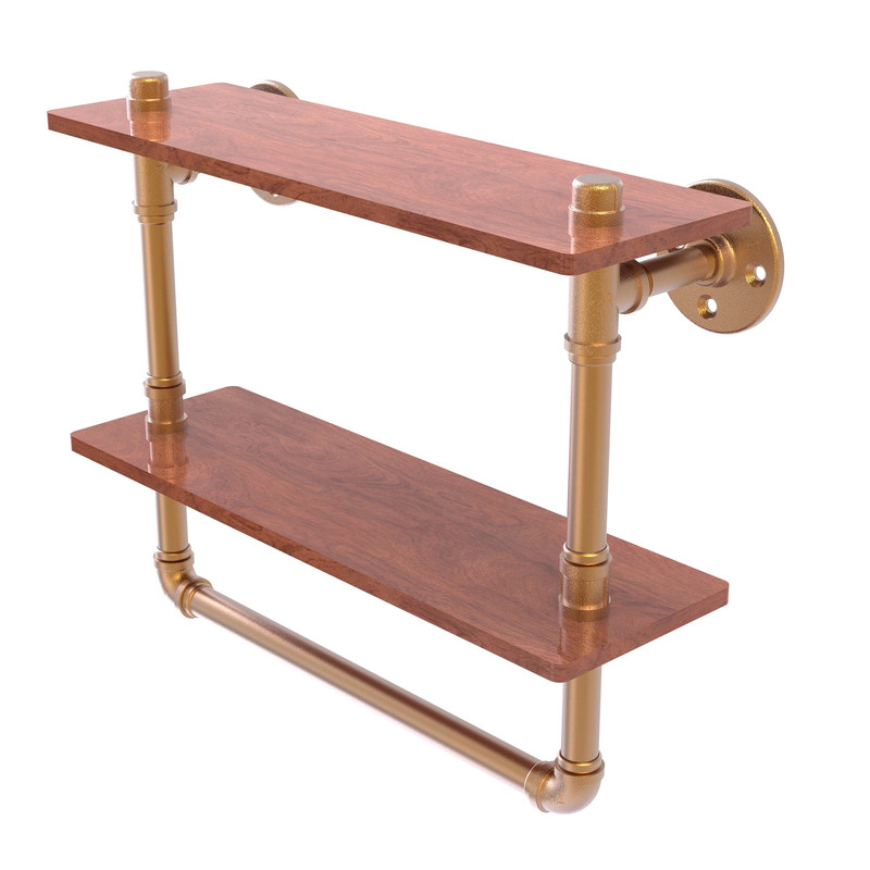 16" Double Ironwood Shelf with Towel Bar, Brushed Bronze Finish